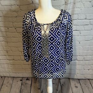 INC International Concepts Blue and Silver Geometric Blouse